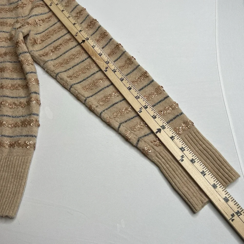 J CREW Soft Retro Beige Silver Metallic Gold Sequin Stripe Knit Sweater Sz LARGE